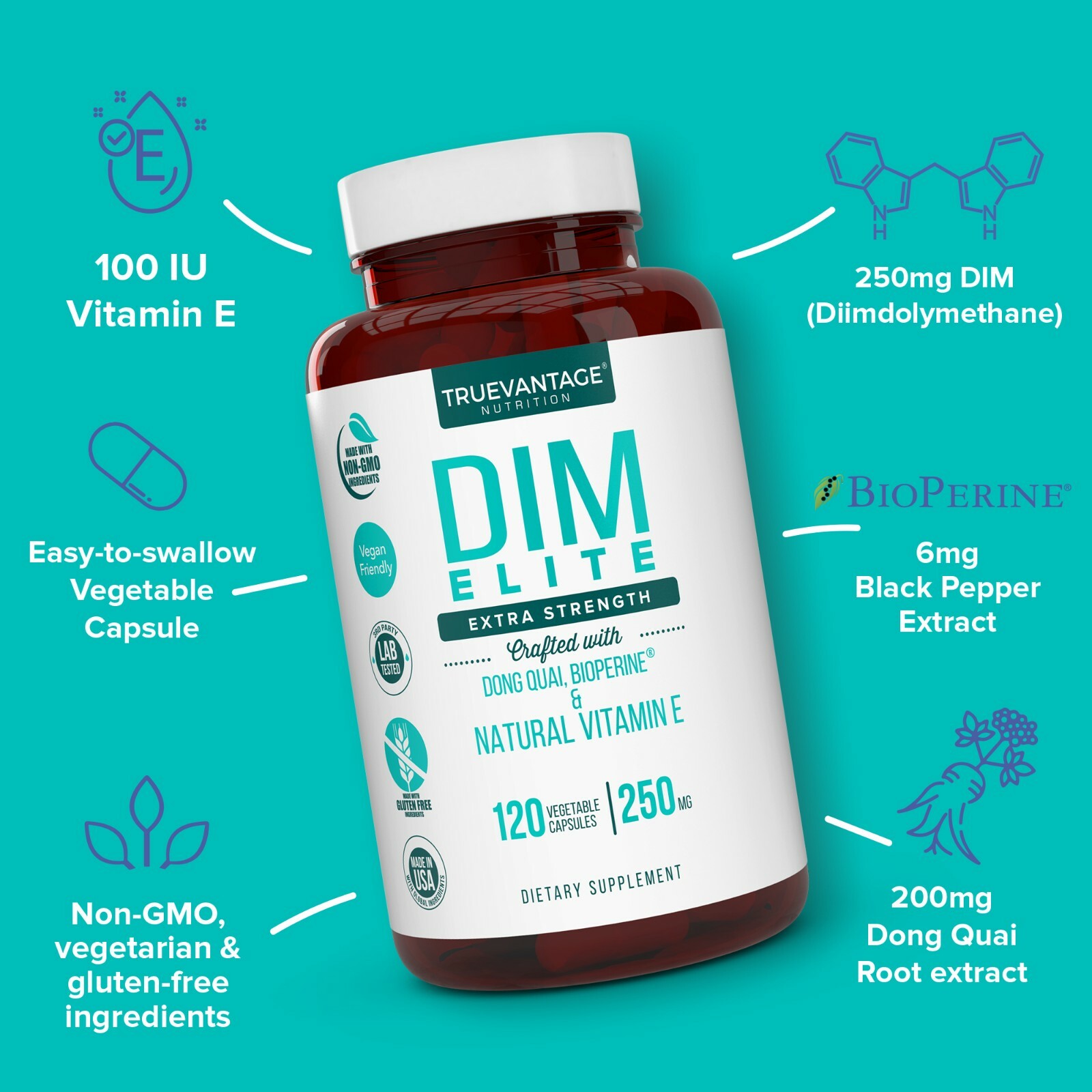 Extra Strength DIM 250mg Supplement – Plus Dong Quai, Vitamin E & BioPerine