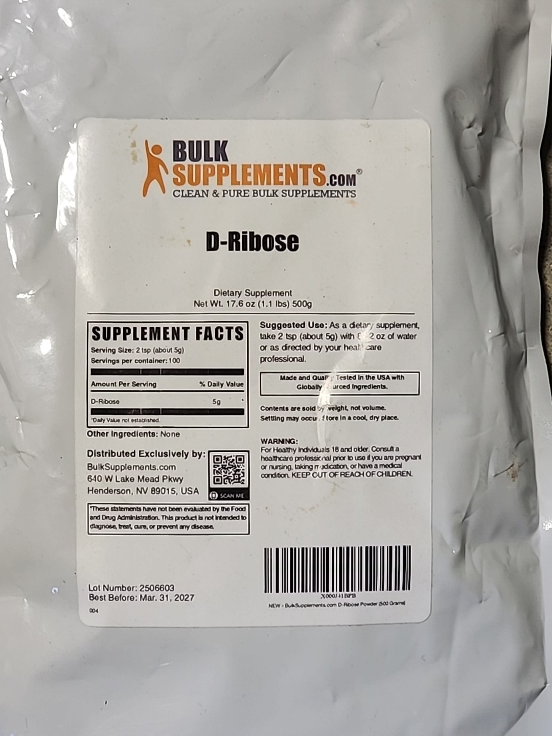 BulkSupplements D-Ribose Powder 17.6oz – 5000 mg Per Serving – 100 serving size