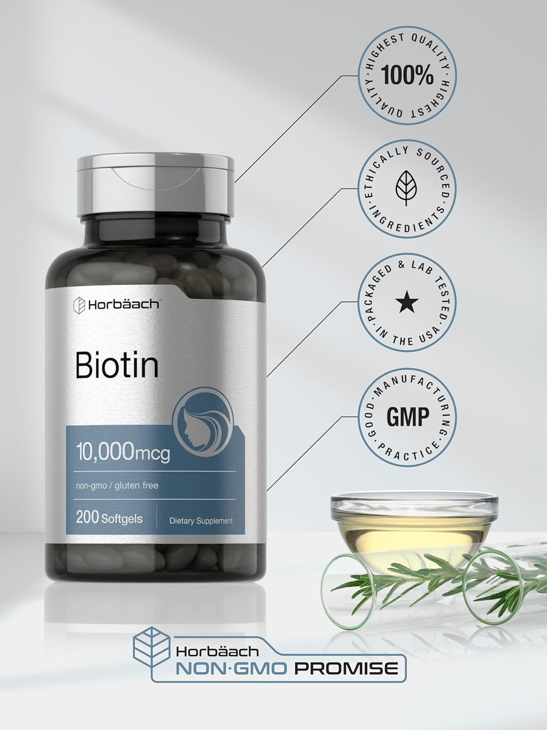Horbäach Biotin 10000 Mcg | 200 Softgels with Vitamin B7 | Beauty Formula Supple