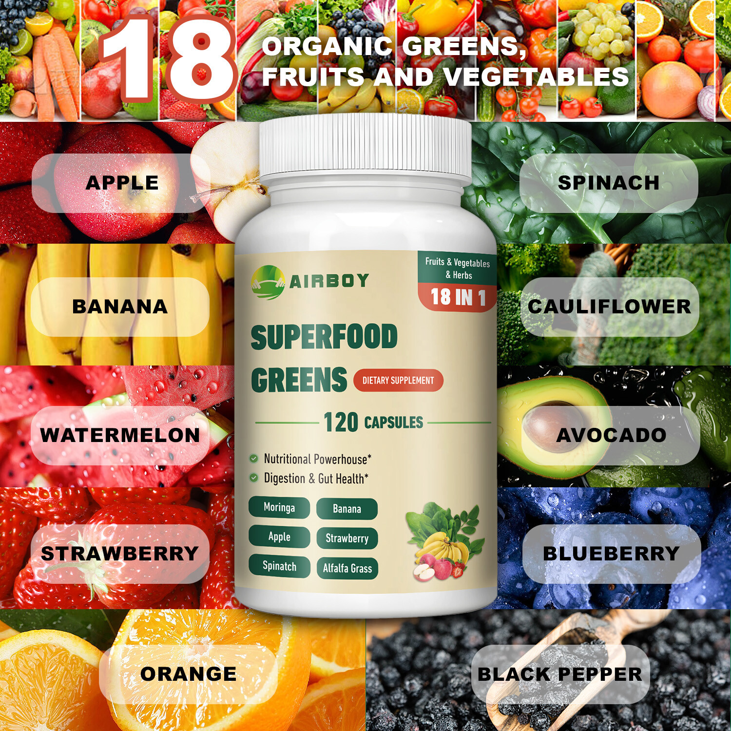 Superfood Greens – Fruits & Veggies – Boost Energy,Immune, Digestive, Gut Health