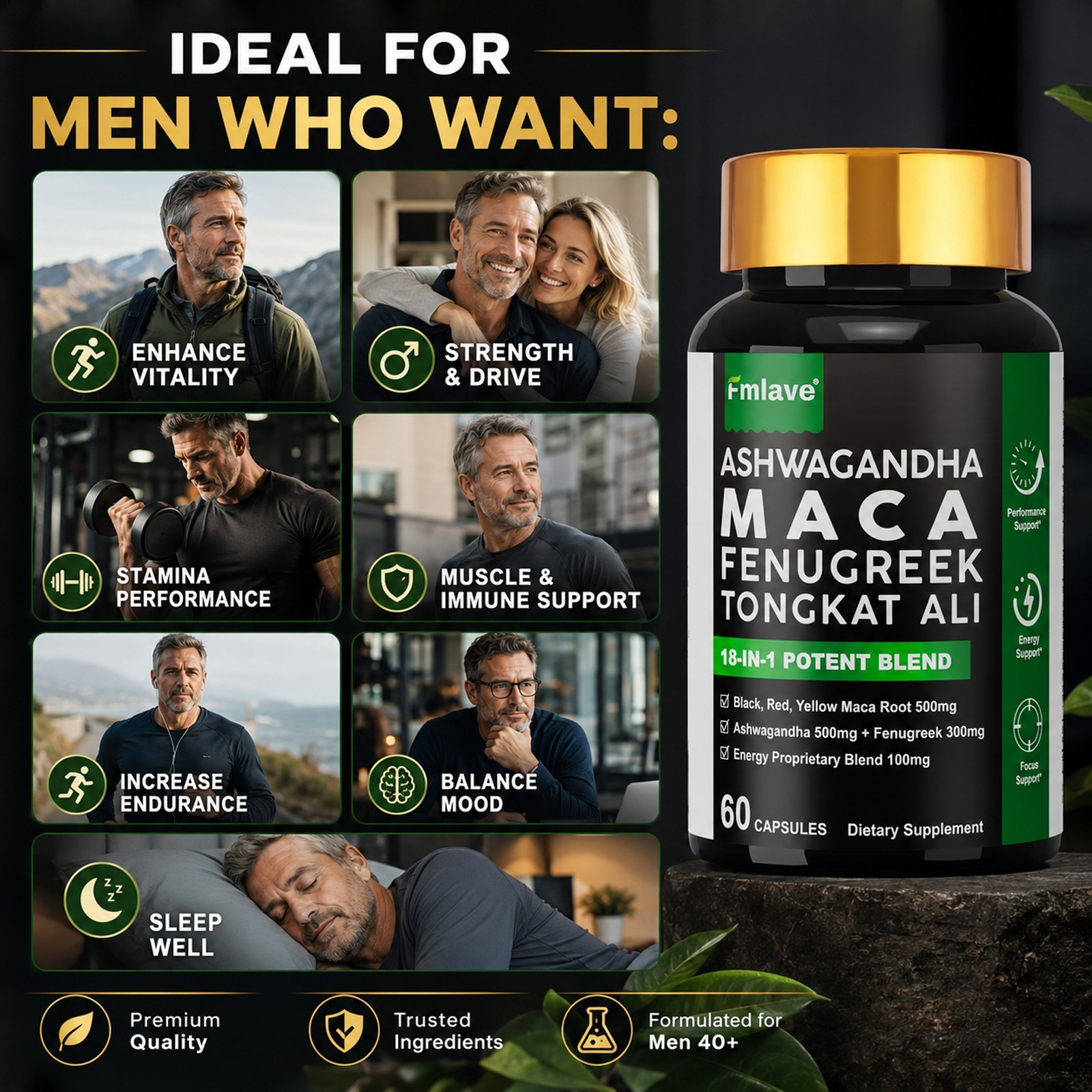 Maca Ashwagandha Panax Ginseng 60 Capsules Supports Desire Stamina Performance