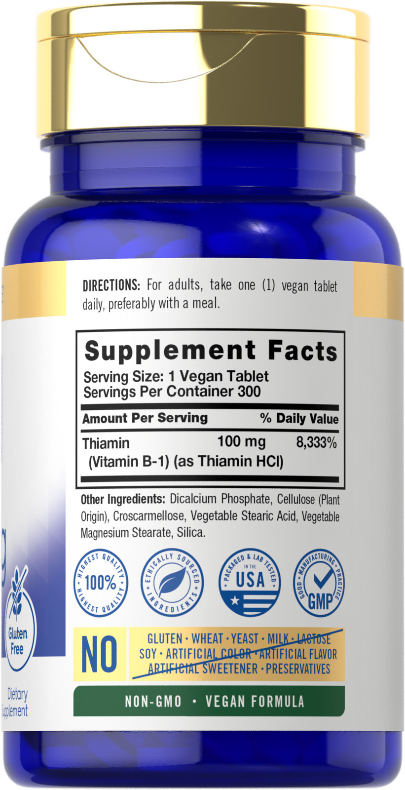 Vitamin B-1 Thiamin | 100mg | 300 Tablets | Non-GMO & Gluten Free | by Carlyle