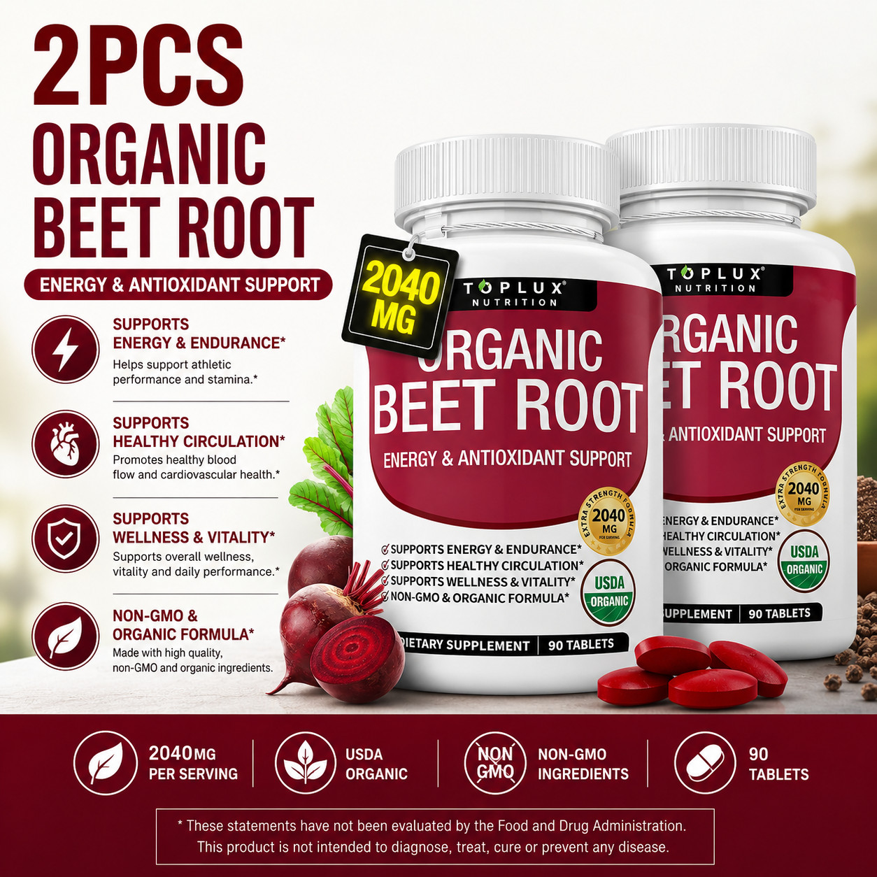 2 Sealed Organic Beet Root Energy & Antioxidant Supplement 180 Tabs NEW