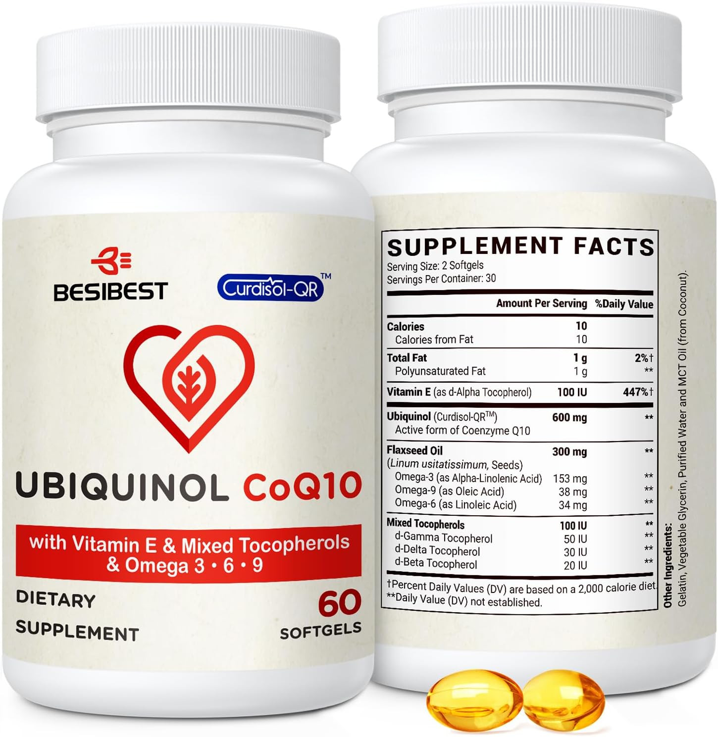 Ubiquinol Coq10-600Mg-Softgel, Active Coq10 Ubiquinol Supplement with Vitamin E