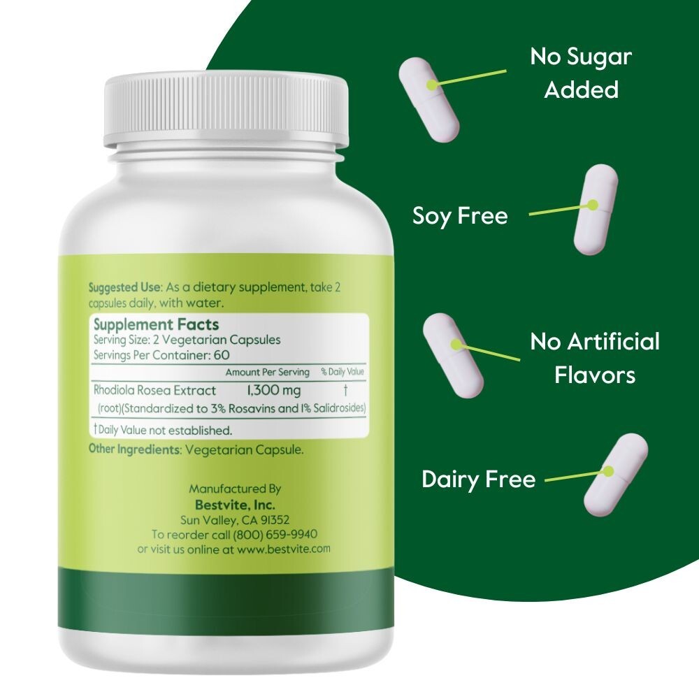 Rhodiola Rosea 650mg (120 Vegetarian Capsules)- Non GMO- Gluten Free-Vegan