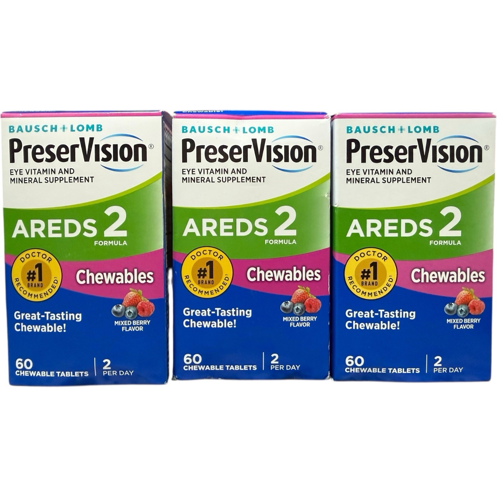 (3) PreserVision AREDS 2 Formula Eye Vitamin, 60 Chewables. Mixed Berry 08/2026+