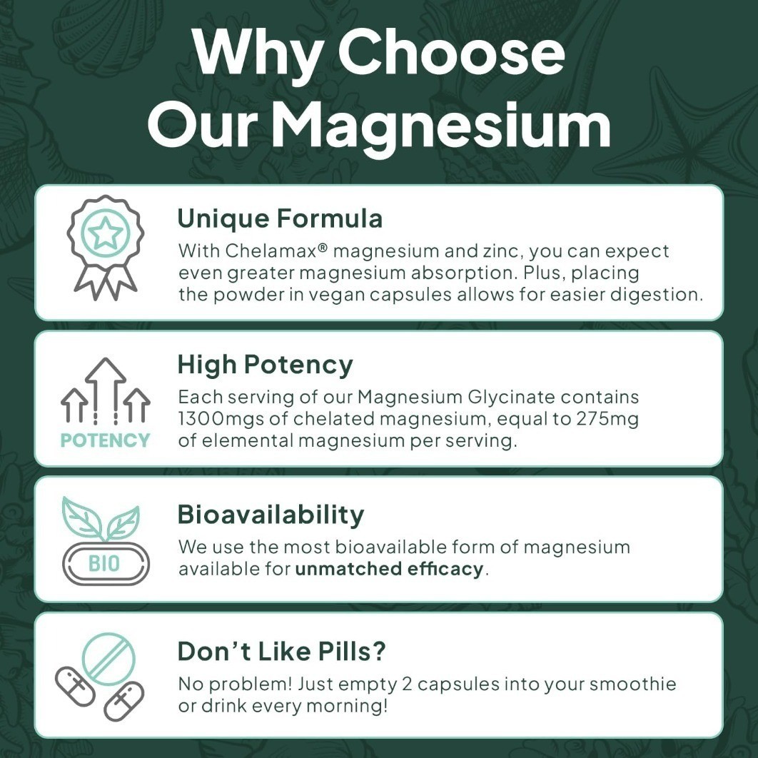 2 Bottle Organics Ocean Pure Magnesium Glycinate with Zinc, 90 Capsules,Chelated