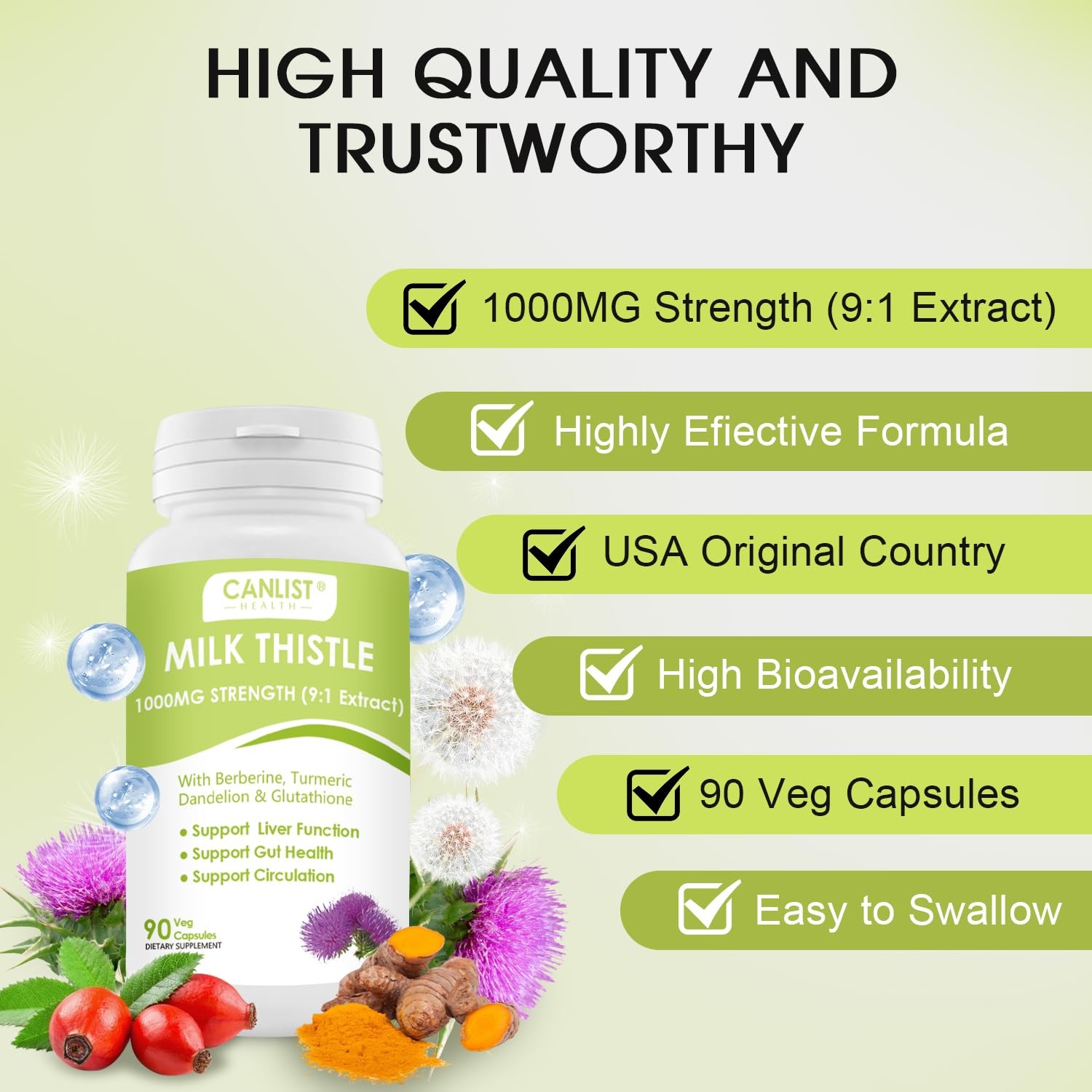 CANLIST Milk Thistle Capsules 1000mg, Potent 9:1 90 Count (Pack of 1)
