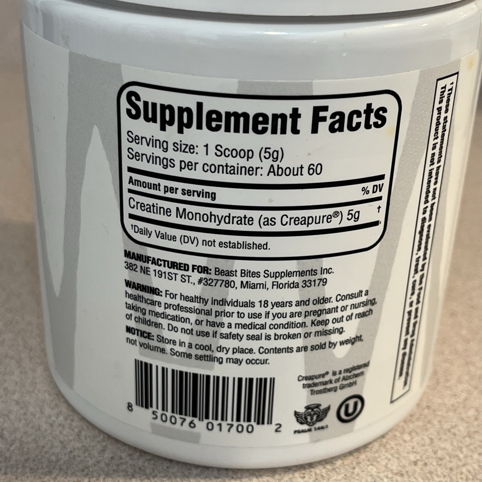 Beast Bites Creatine Monohydrate Powder Unflavored 10.58 oz Exp 7/2027