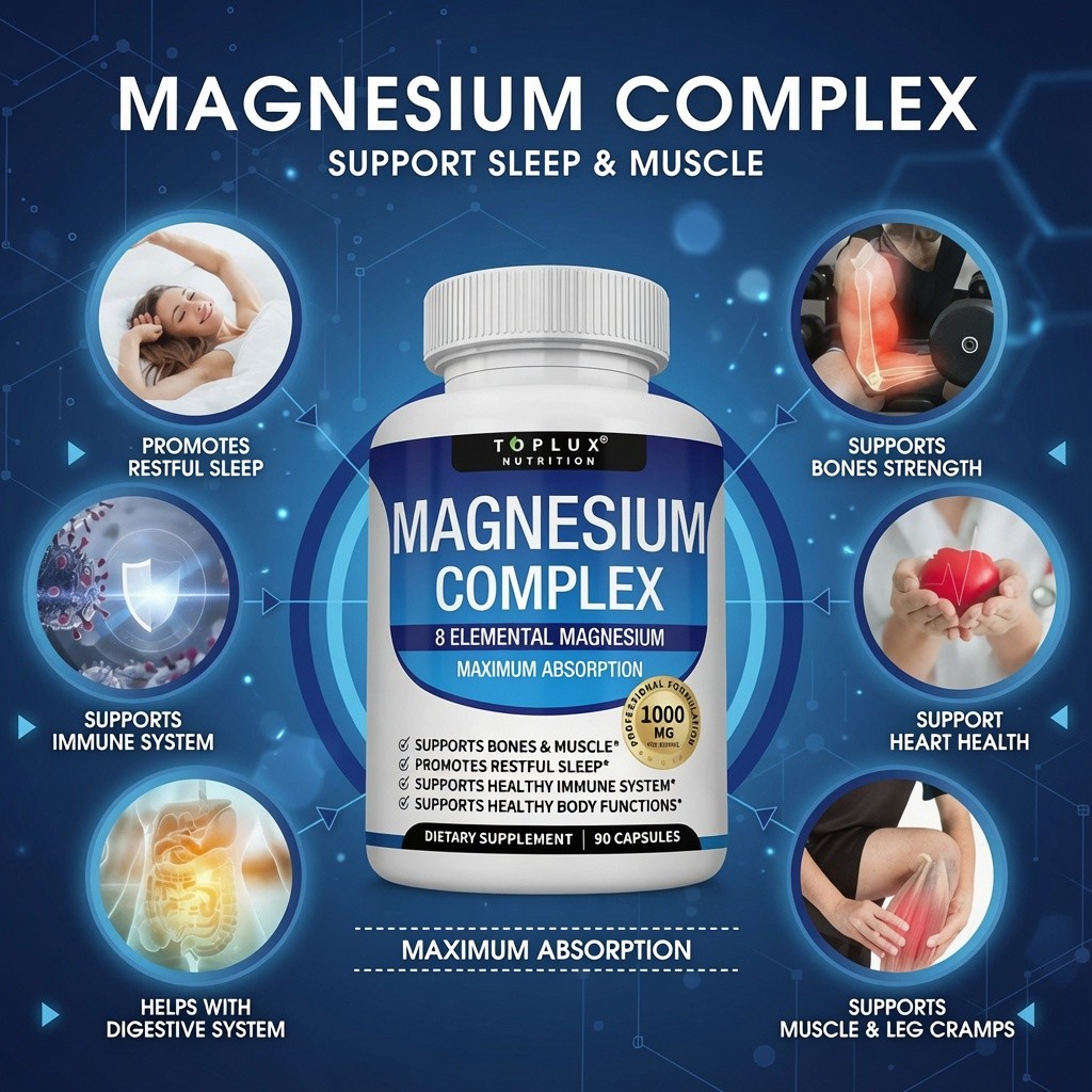 Toplux Nutrition Magnesium 1000mg 8 Types Bones Immune Sleep 90 Caps