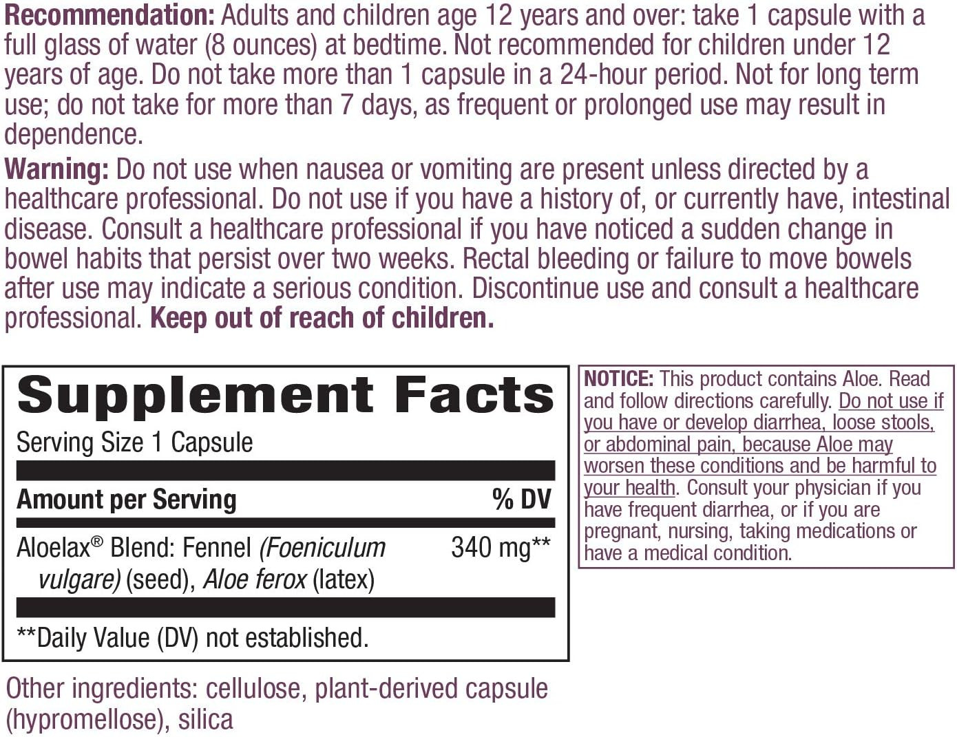 Nature’s Way Aloelax, with Fennel Seed, for Constipation, 340 Mg, 100 Capsules