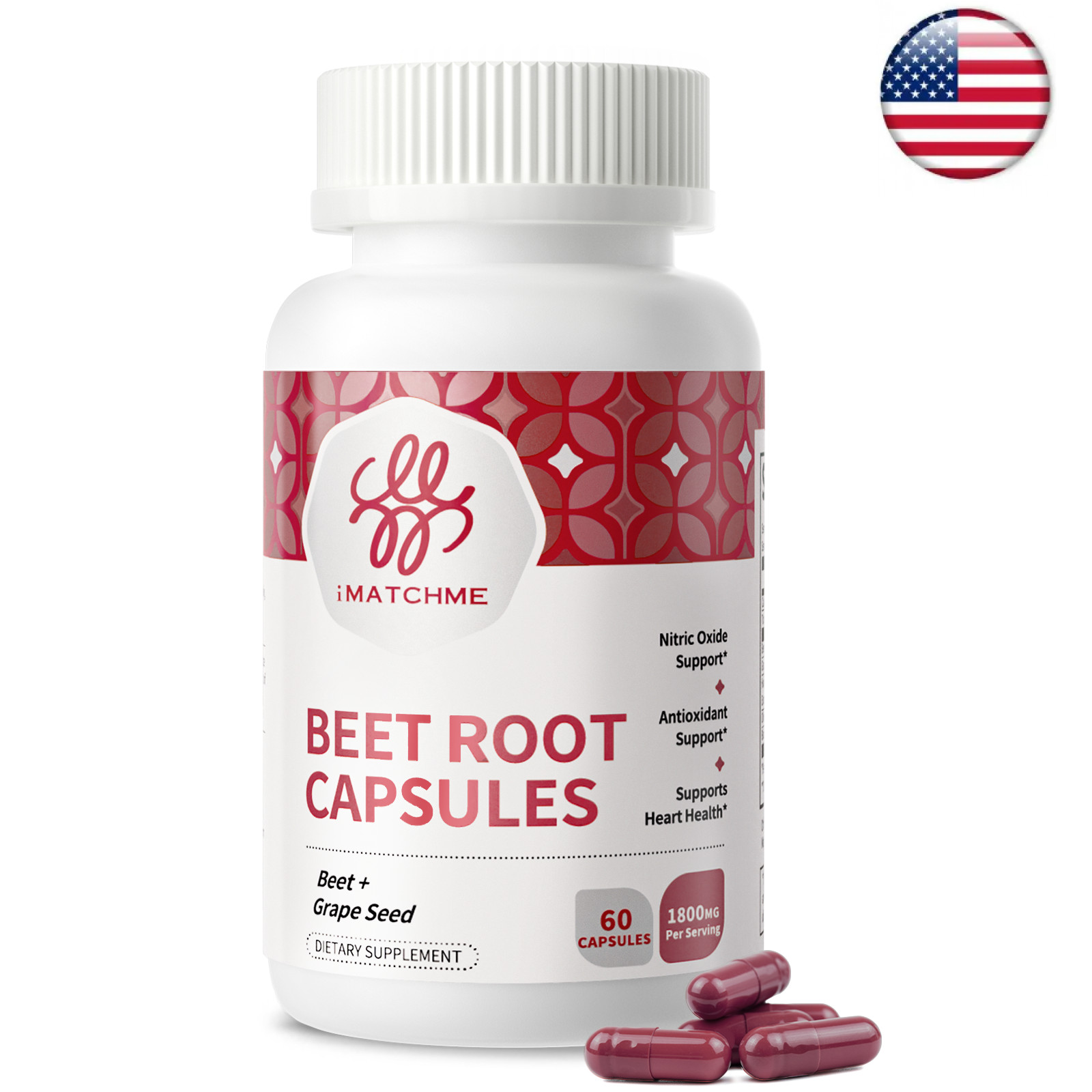 1Pack Beet Root 1800 mg Strength 20:1 Extract, 60 Capsules for Blood Flow & Hear