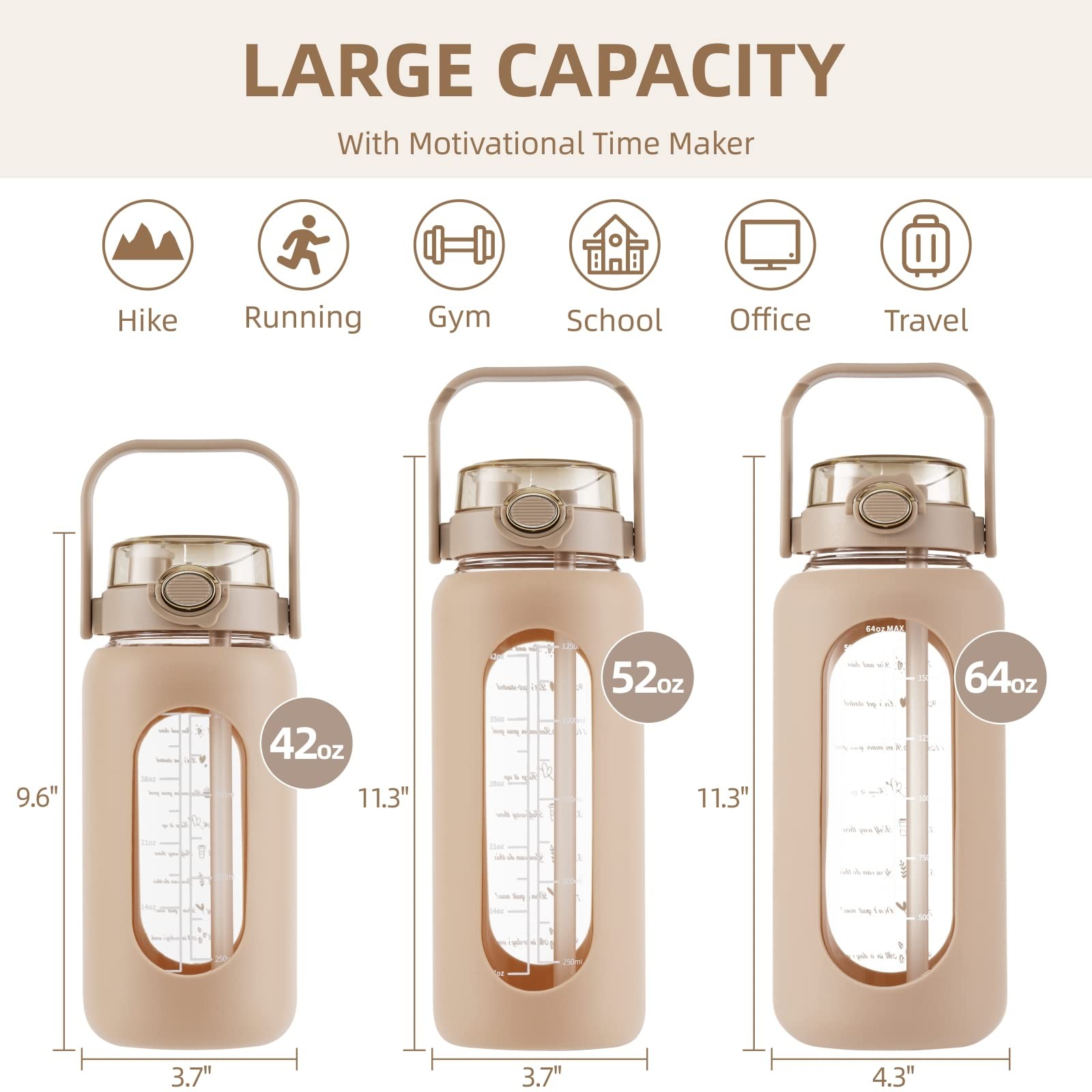 SIEROZUR 64oz Glass Water Bottle with Straw & Handle Lid | 64 Ounces, Amber