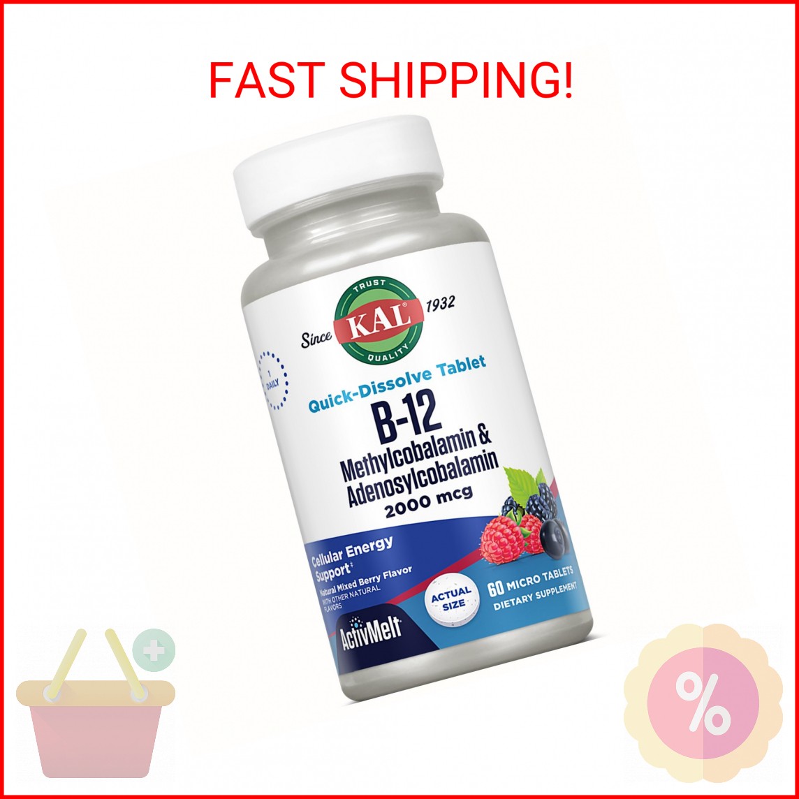 KAL Vitamin B12 Methylcobalamin and Adenosylcobalamin 2000 mcg ActivMelt, B12 En