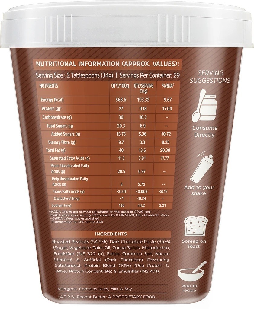 MuscleBlaze High Protein Peanut Butter, 1 kg, Dark Chocolate Crunchy