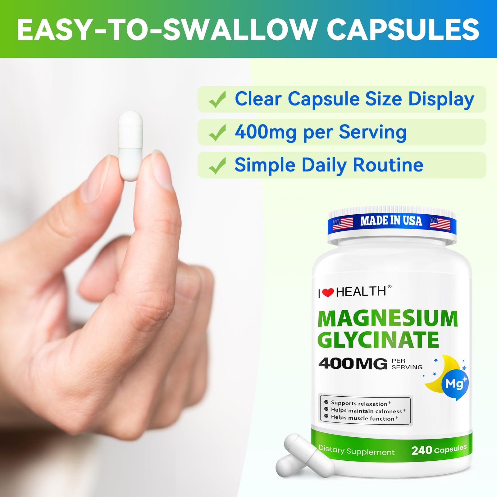 Magnesium Glycinate 400mg per Capsule – 240 Capsules – 240 Count (Pack of 1)