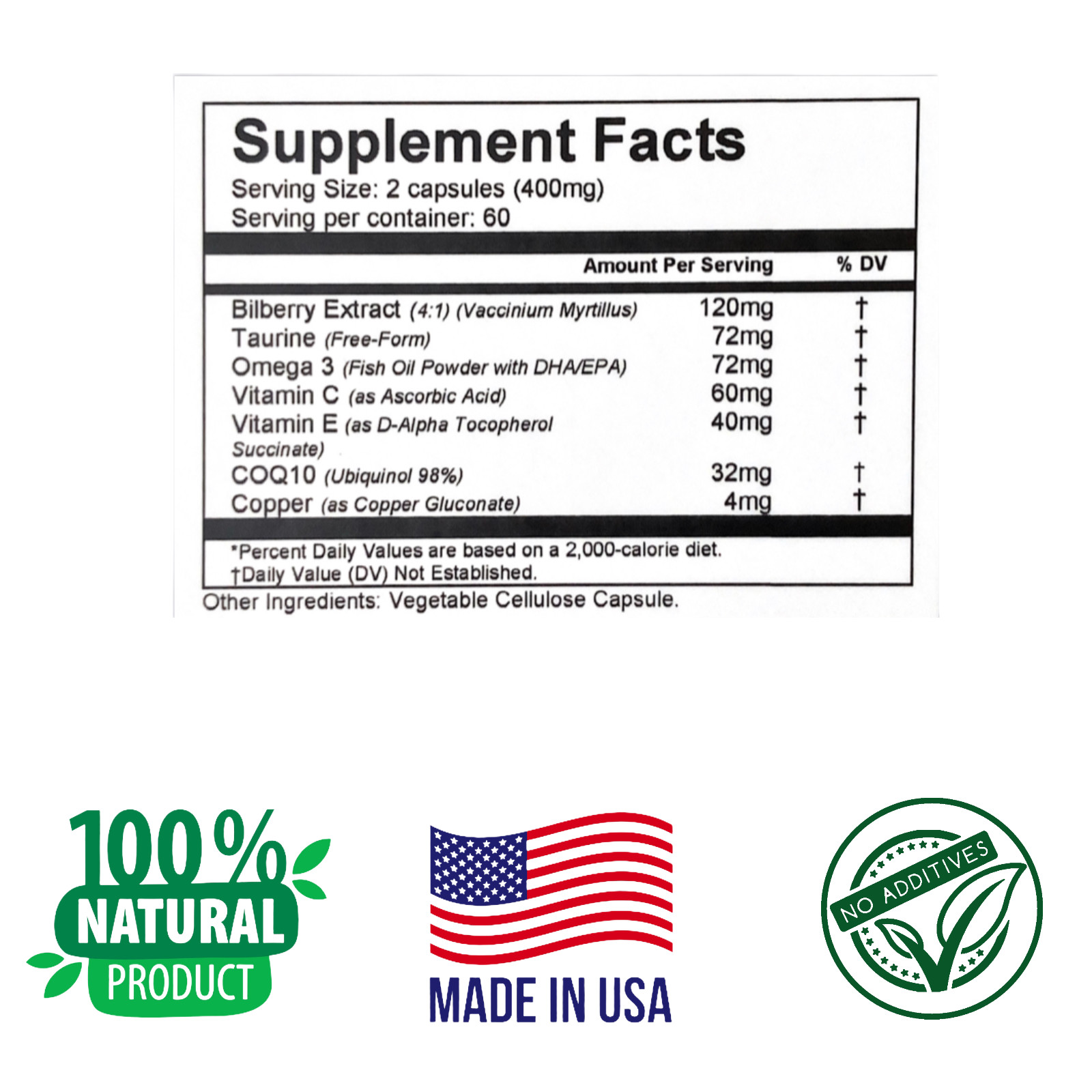 Eye Health Boost: Bilberry, Vit C, E, Omega 3, Copper, CoQ10, 120 capsules.