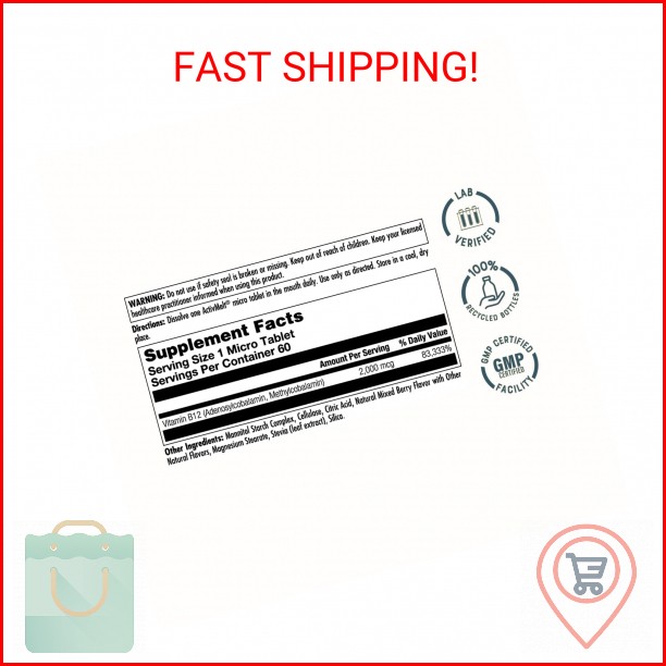 KAL Vitamin B12 Methylcobalamin and Adenosylcobalamin 2000 mcg ActivMelt, B12 En