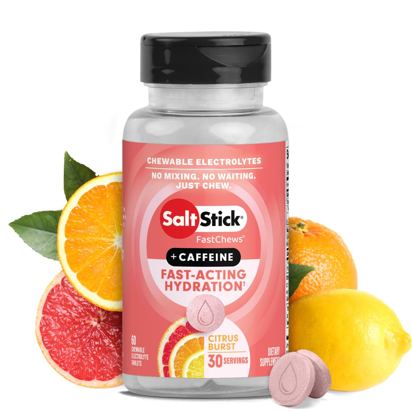 SaltStick Electrolyte FastChews with Caffeine 60 Count (Pack of 1), Dark Pink