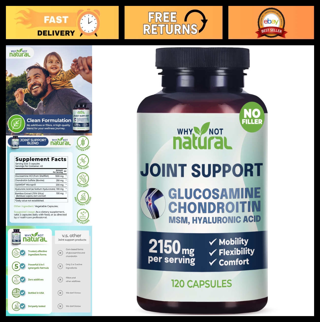 Natural Glucosamine Chondroitin MSM Joint Support Supplement for Knee Pain Relie