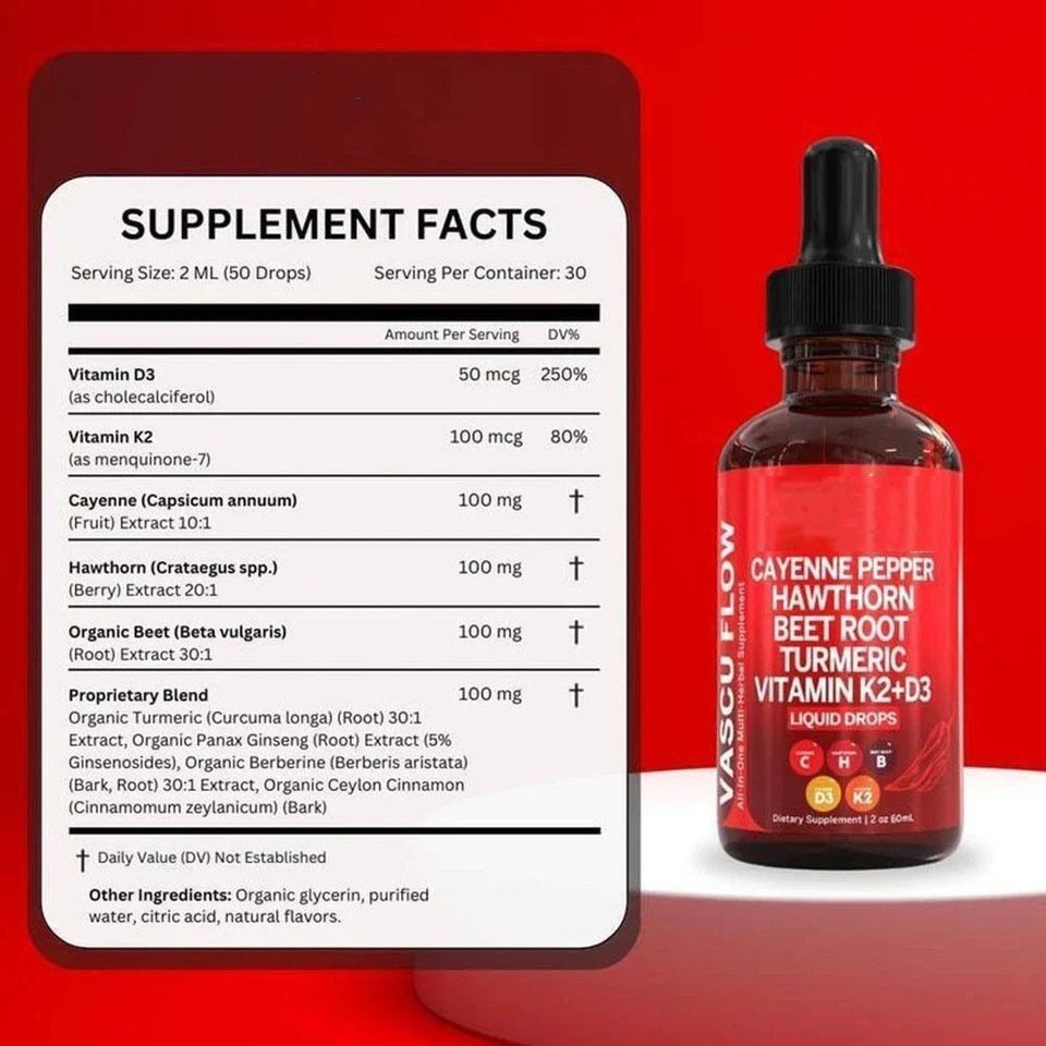 3/2Pack Cayenne Pepper Hawthorn Beet Root Turmeric Vitamin K2+D3 Liquid Drops