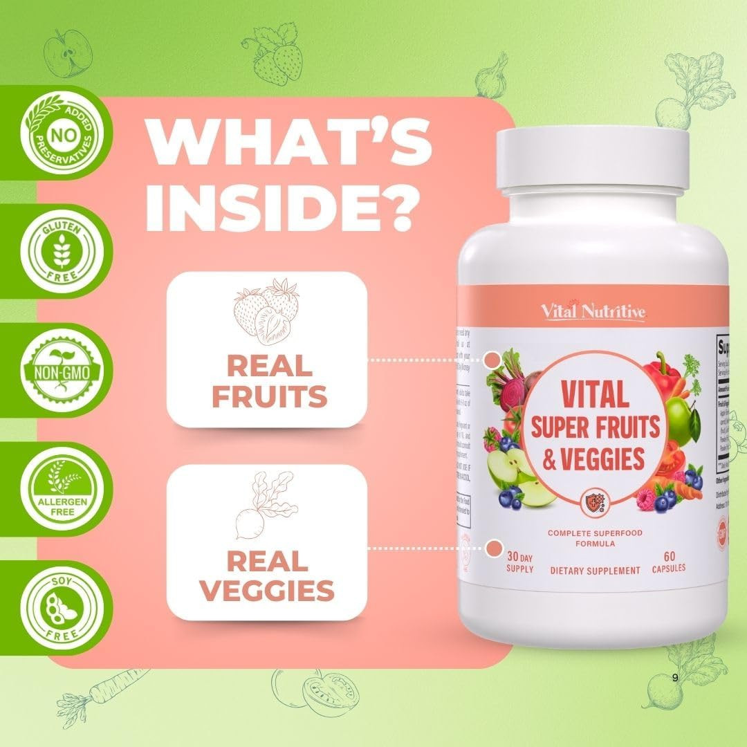 Vital Super Fruits & Veggies – Daily Superfood Capsules for Adults – Fruit and V