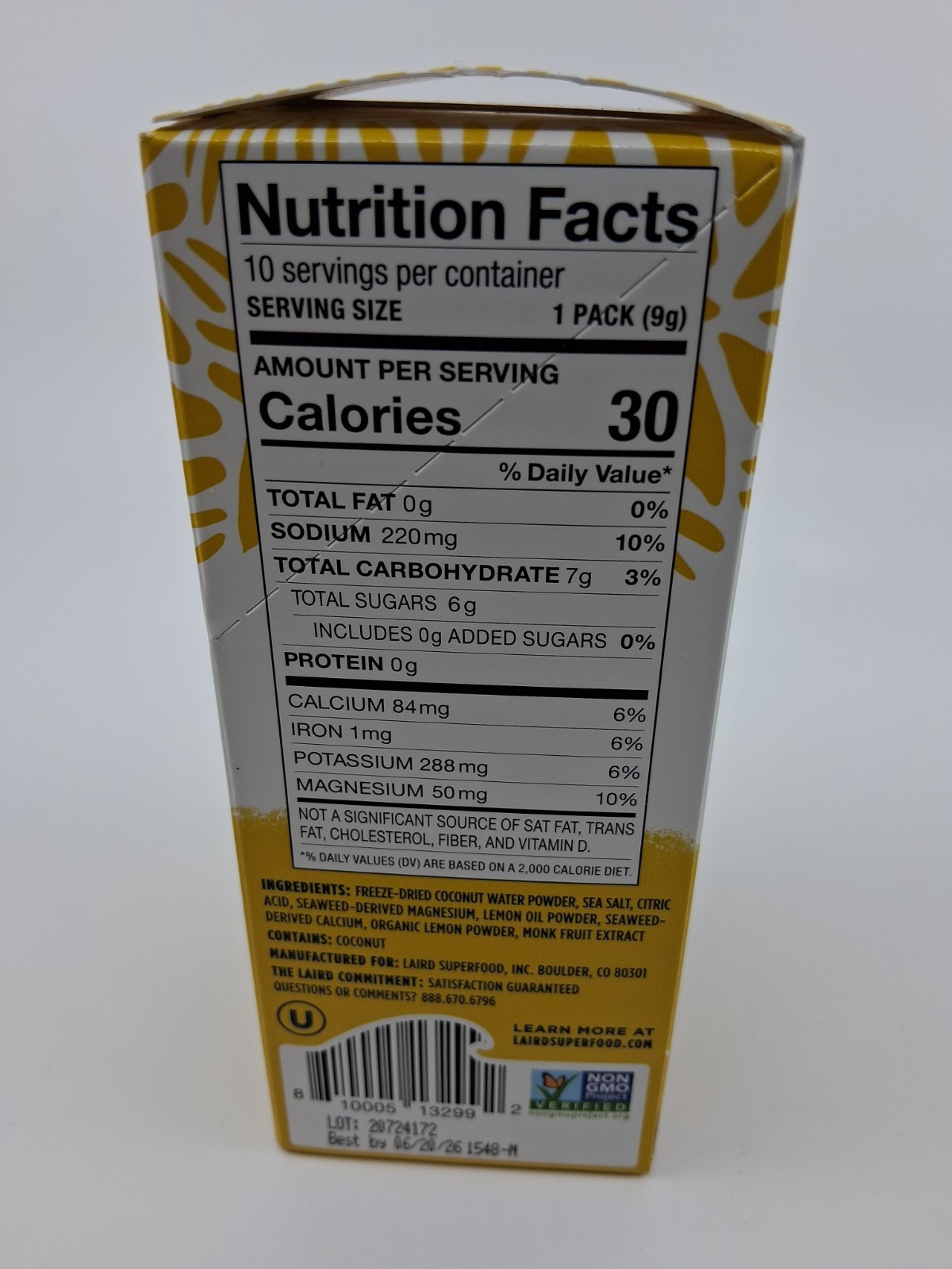 Laird Superfood Coconut Water Hydrate Lemon – 10 packets BB 6/2026