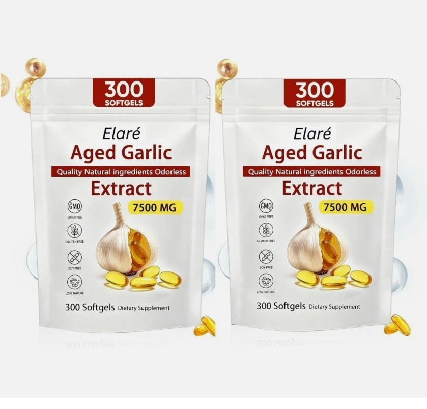 2PCS Elare Aged Garlic Extract, 300 Softgels, 7500mg Odorless | Heart & Immune