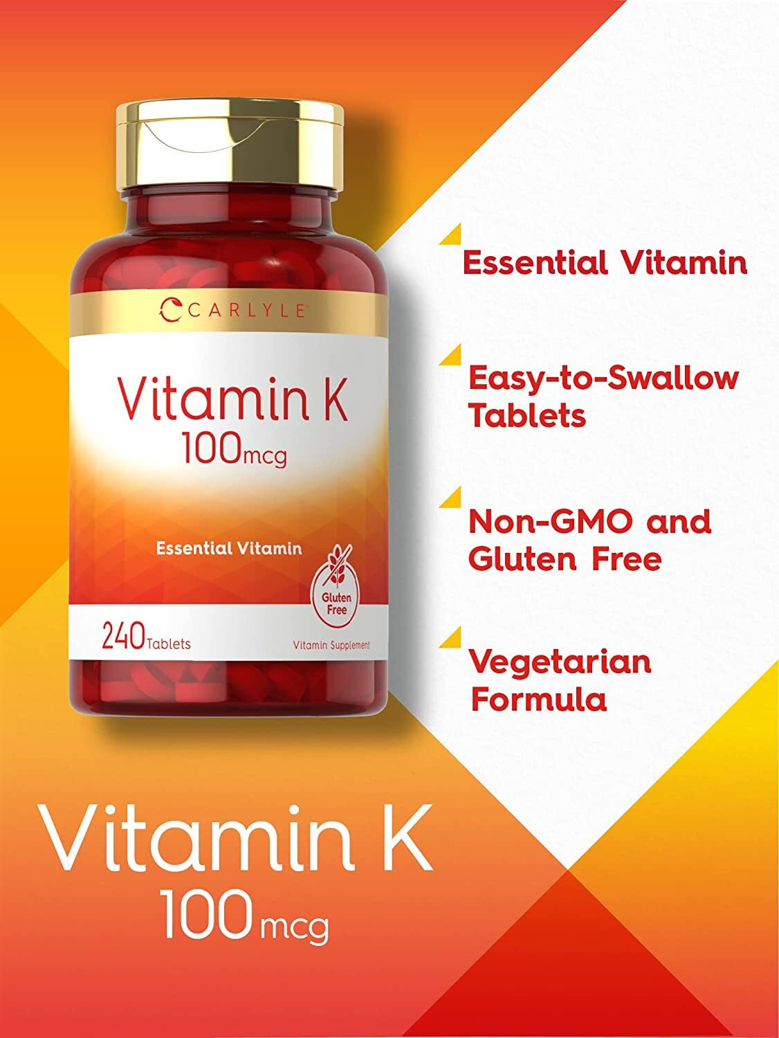 Vitamin K 100mcg | 240 Tablets | Vegetarian, Non-GMO Supplement | by Carlyle