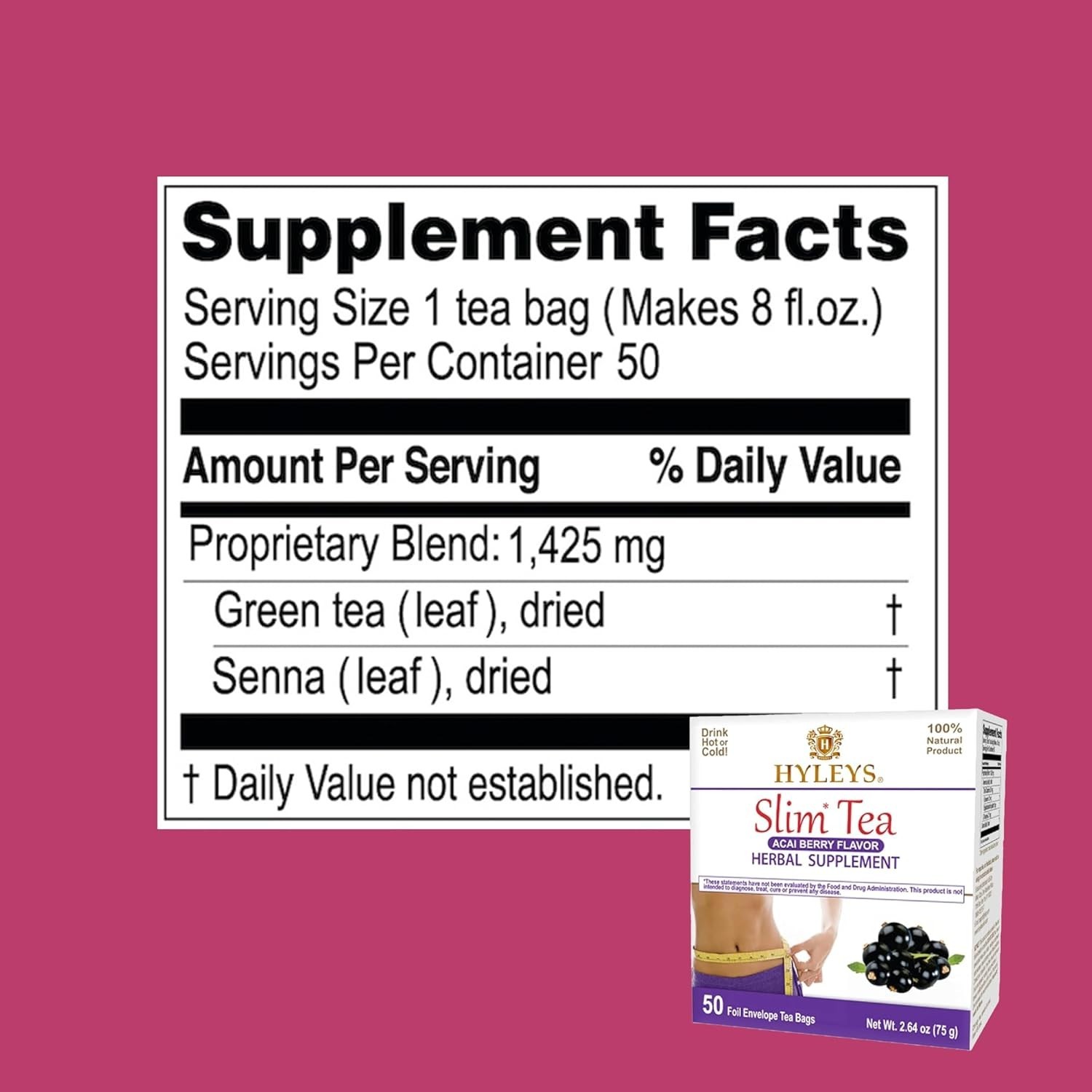 Slim Tea Herbal Supplement – Acai Berry Flavor for Weight Loss & Detox – 50 Bags