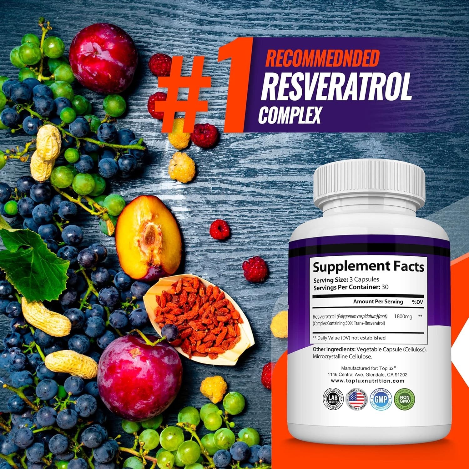 Resveratrol 1800mg Antioxidant Complex, Anti 90 Aging, Capsules