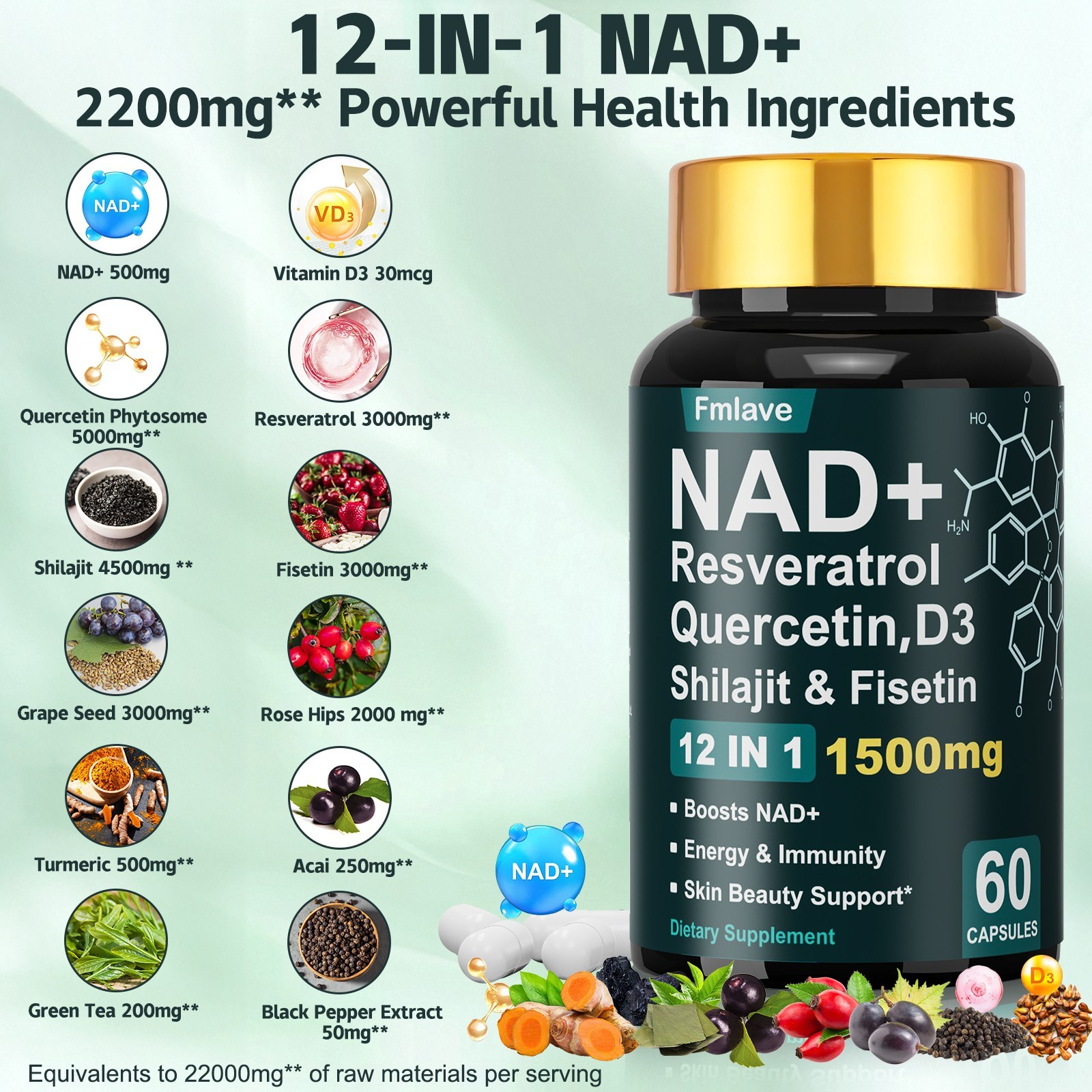 NAD + Resveratrol Quercetin D3, Shilajit & Fisetin, Enhance Cellular Energy 60ct