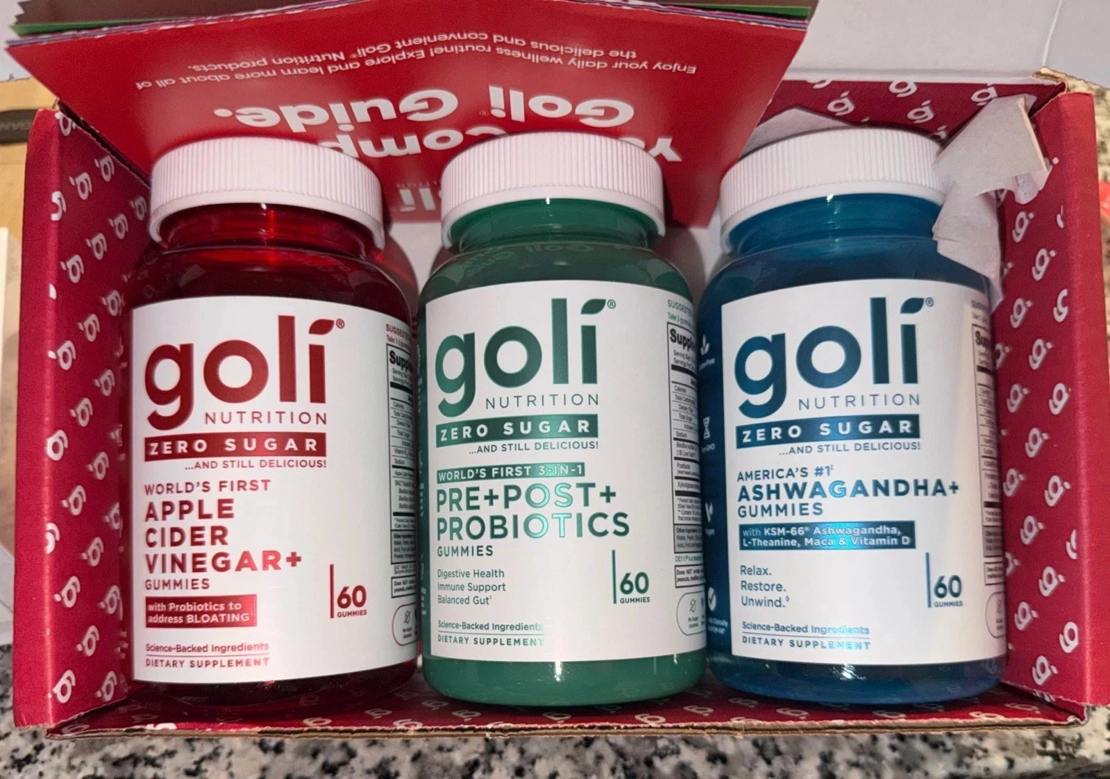 3 Bottles Goli Zero Sugar Best Seller Trio Set Gummies, 60 Counts Per Bottle