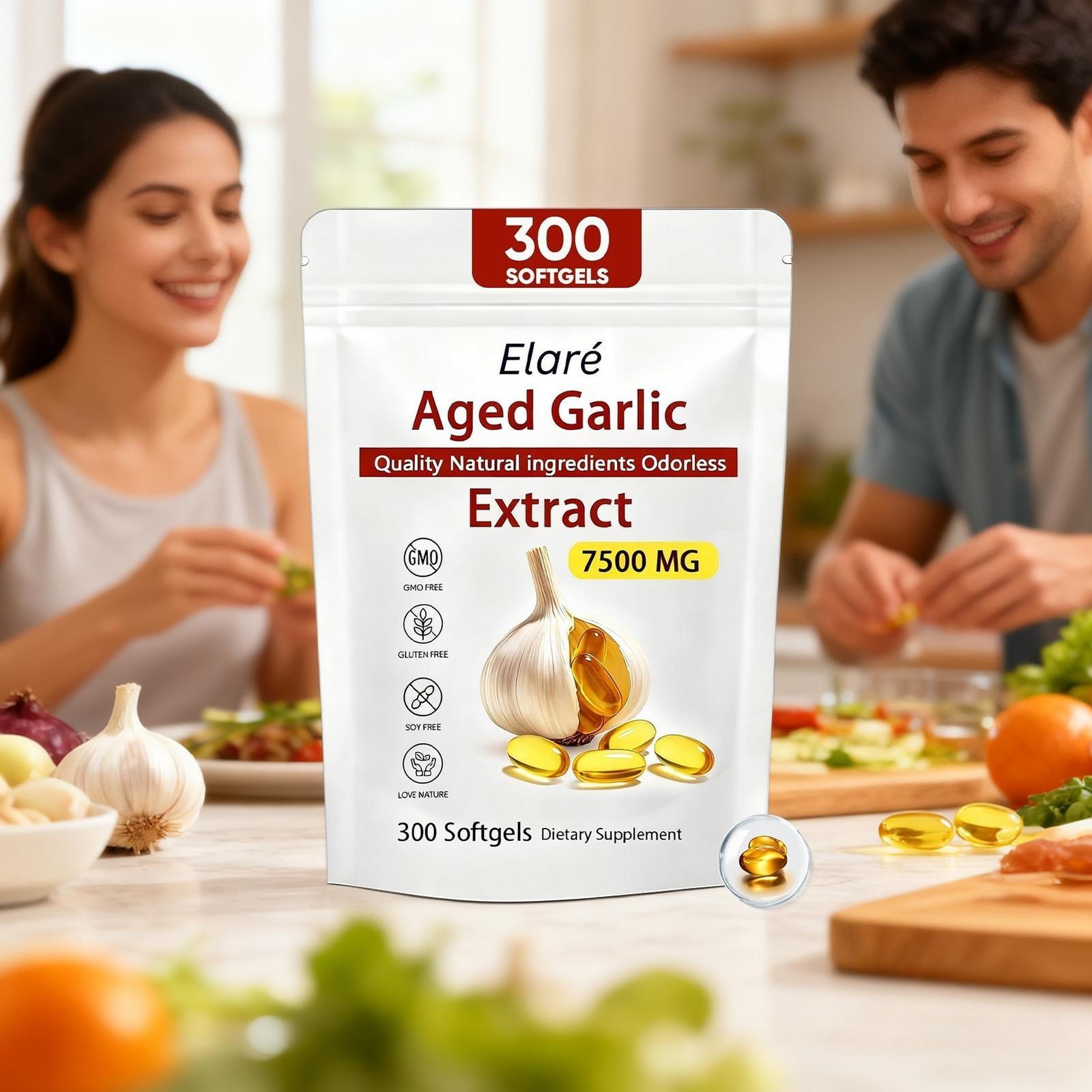 2PCS Elare Aged Garlic Extract, 300 Softgels, 7500mg Odorless | Heart & Immune