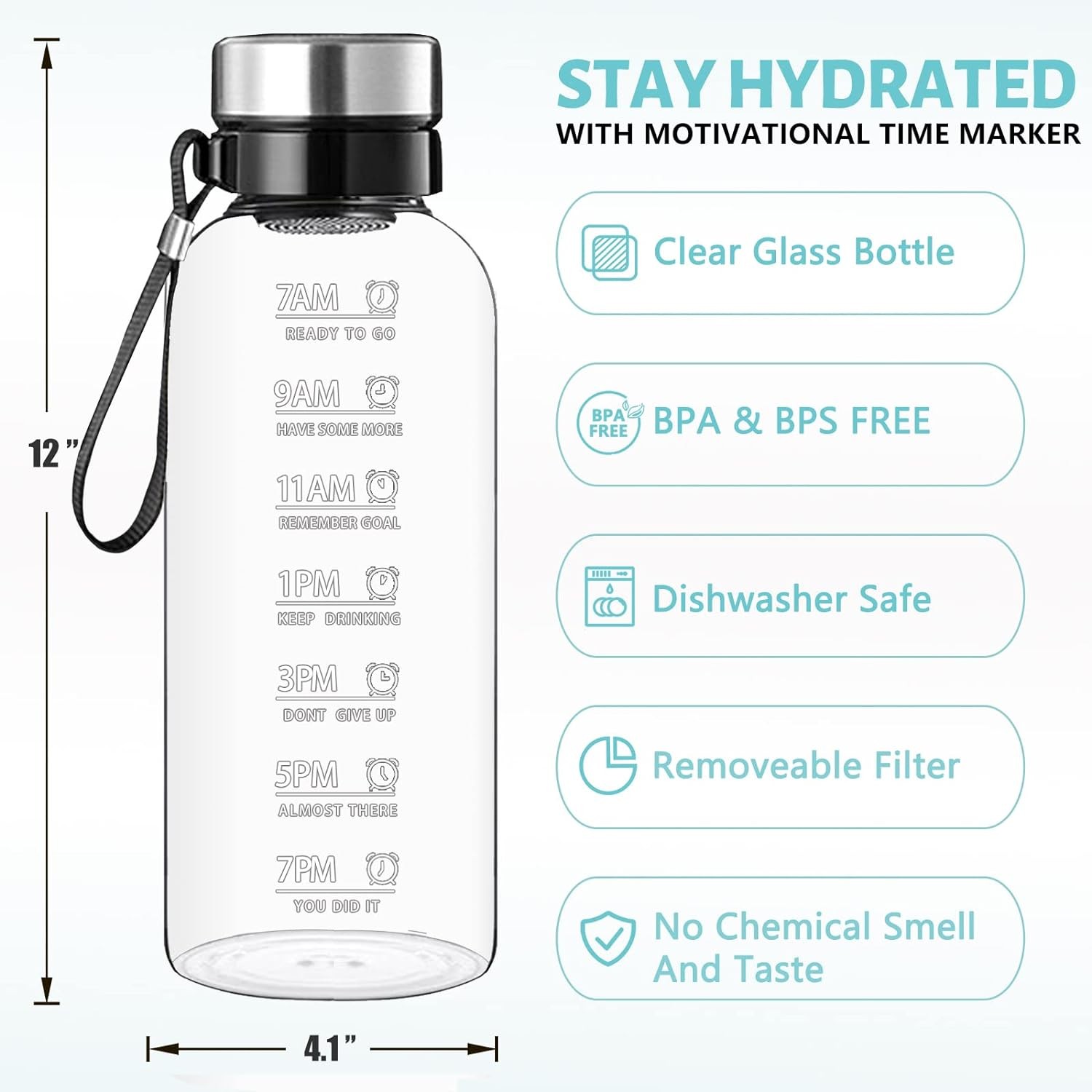 64 OZ Glass Water Bottle – Large Resuable Borosilicate 64 Ounces, Filter Lid