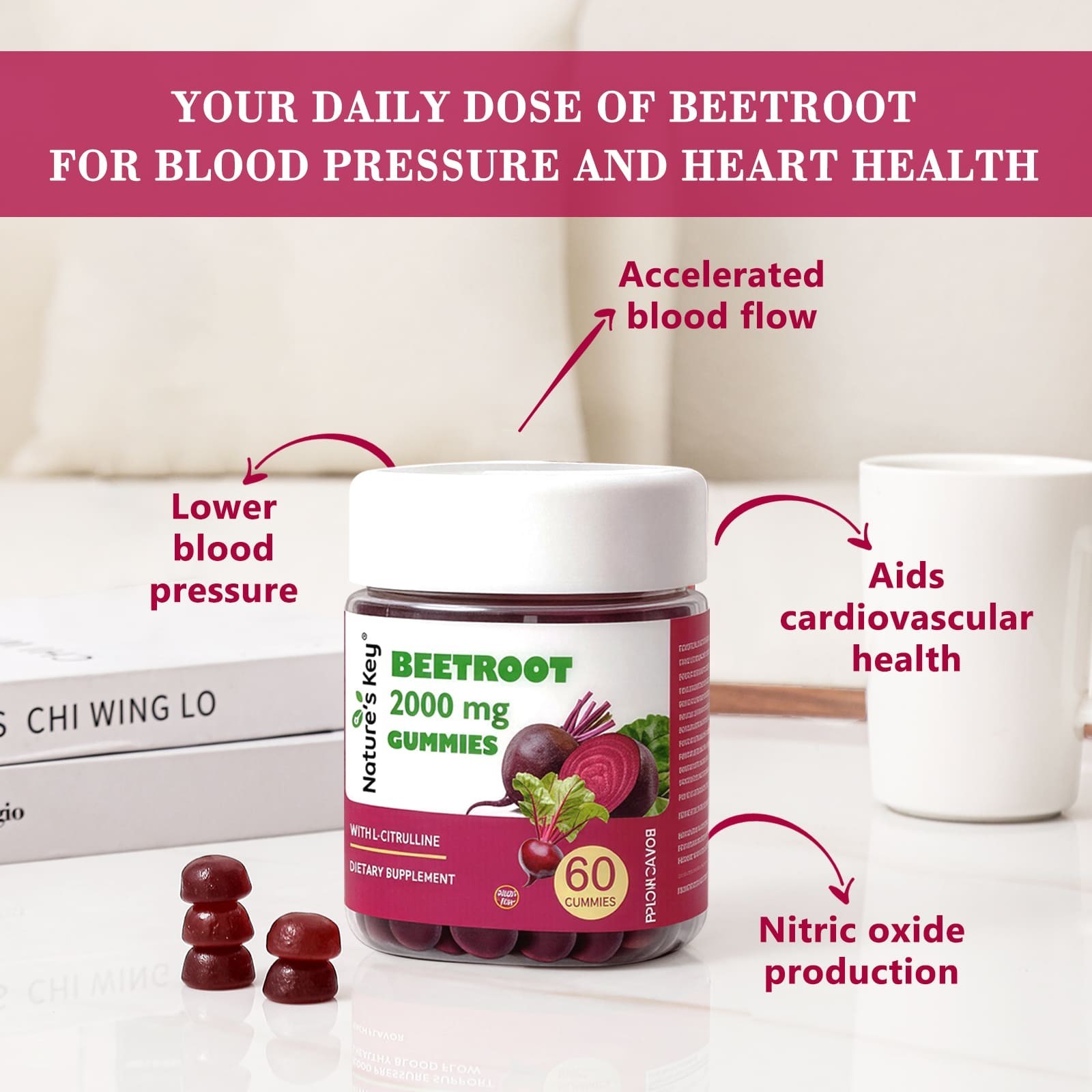Nature’s Key Sugar Free Beet root Gummies–60 Gummies for Blood Flow & Heart