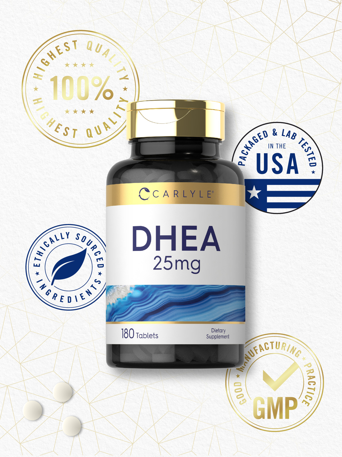 DHEA 25mg | 180 Tablets | Vegetarian | Non-GMO, Gluten Free | by Carlyle