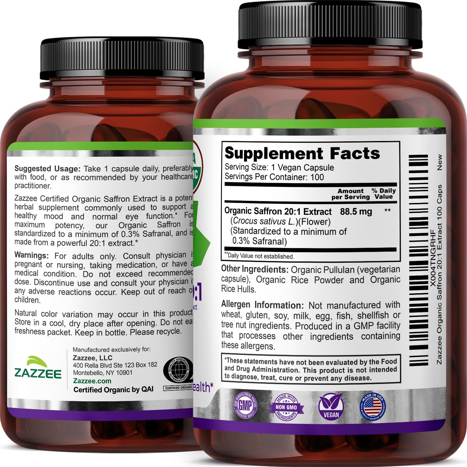 USDA Organic Saffron 20:1 Extract, 88.5 mg, 0.3% Safranal, 100 Vegan Capsules…