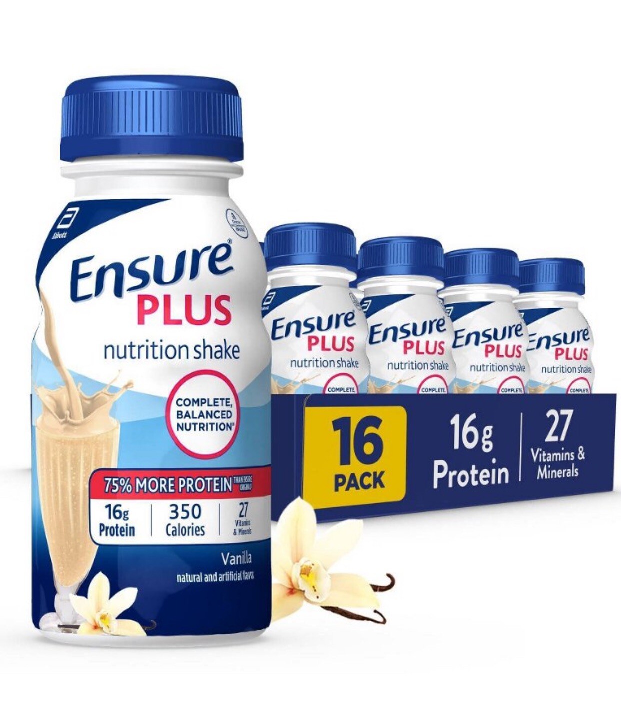 Ensure Plus Nutrition Vanilla Shake 8 fl.oz. 16 pk~27 Vitamins & 16g Protein