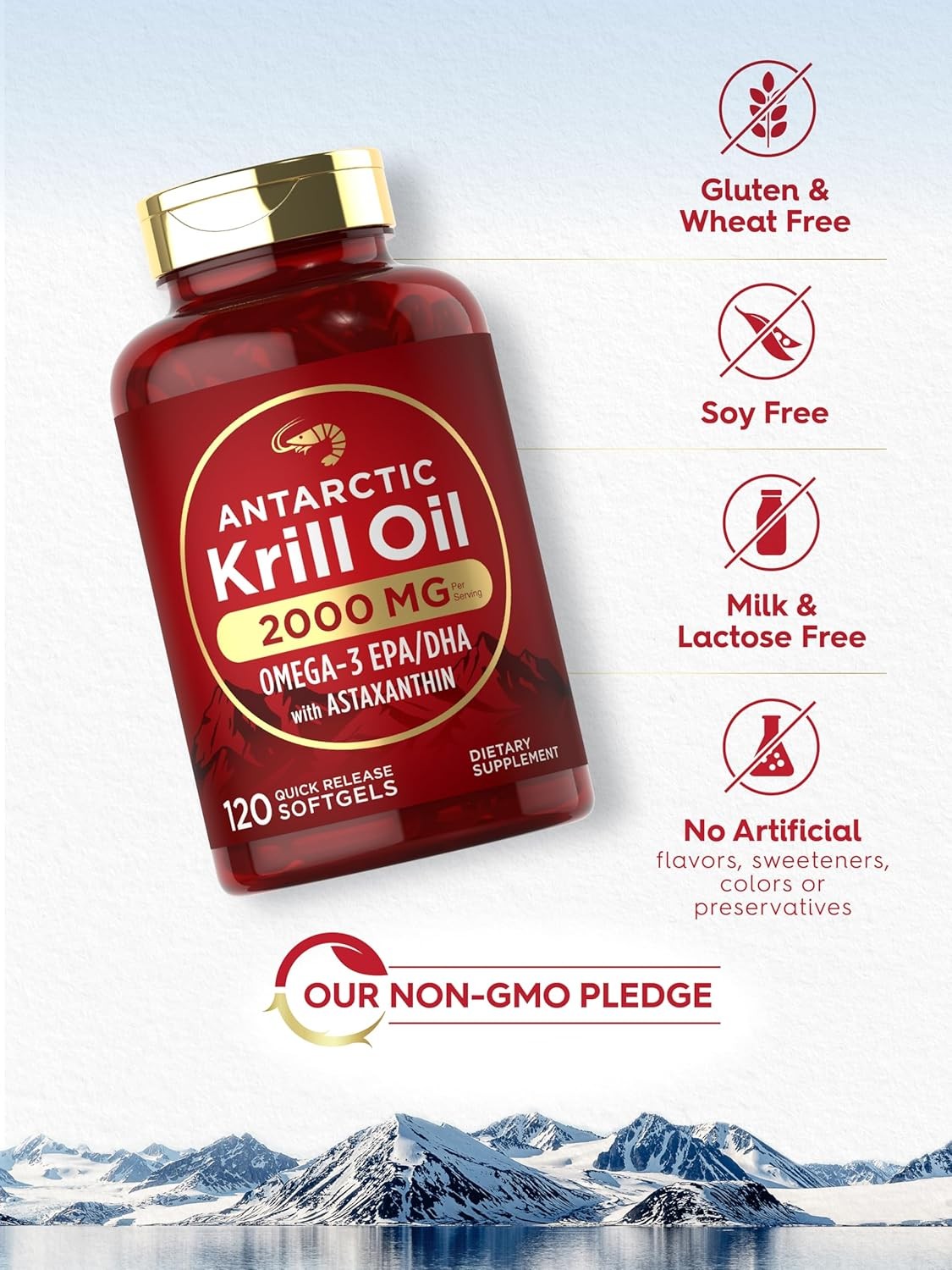 Antarctic Krill Oil 2000 mg 120 Softgels | Omega-3 EPA, DHA, with Astaxanthin
