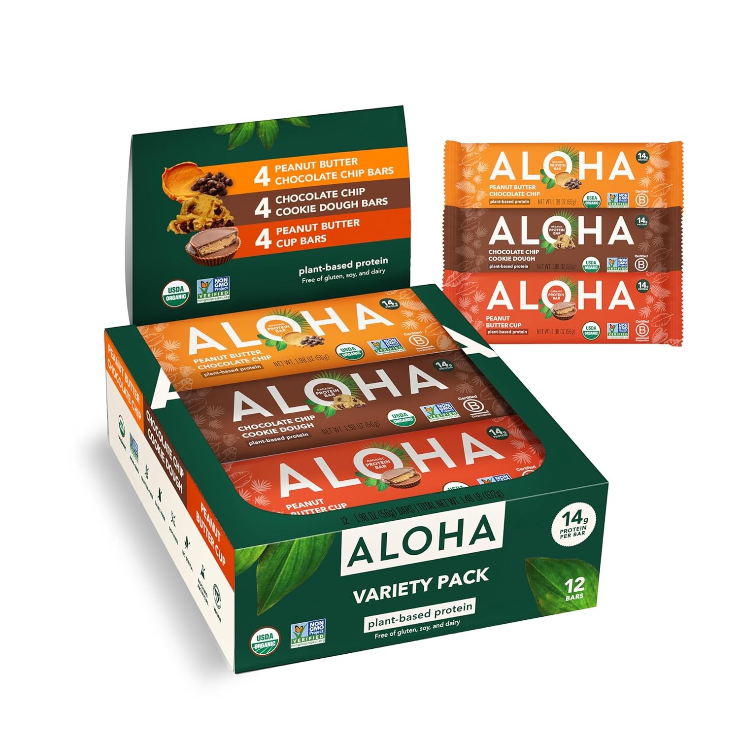 Organic Plant Based Protein Bars – 3 Flavor Variety Pack – 12 Count, 1.98oz Bars