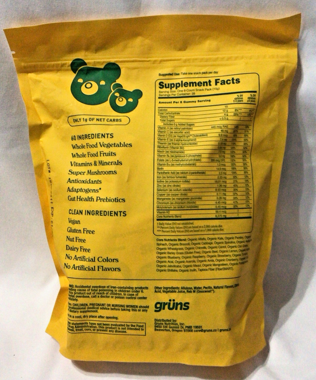 Gruns Sugar Free Cubs Superfoods Greens Gummies Kids 28 Packs of 6 EXP 01/27
