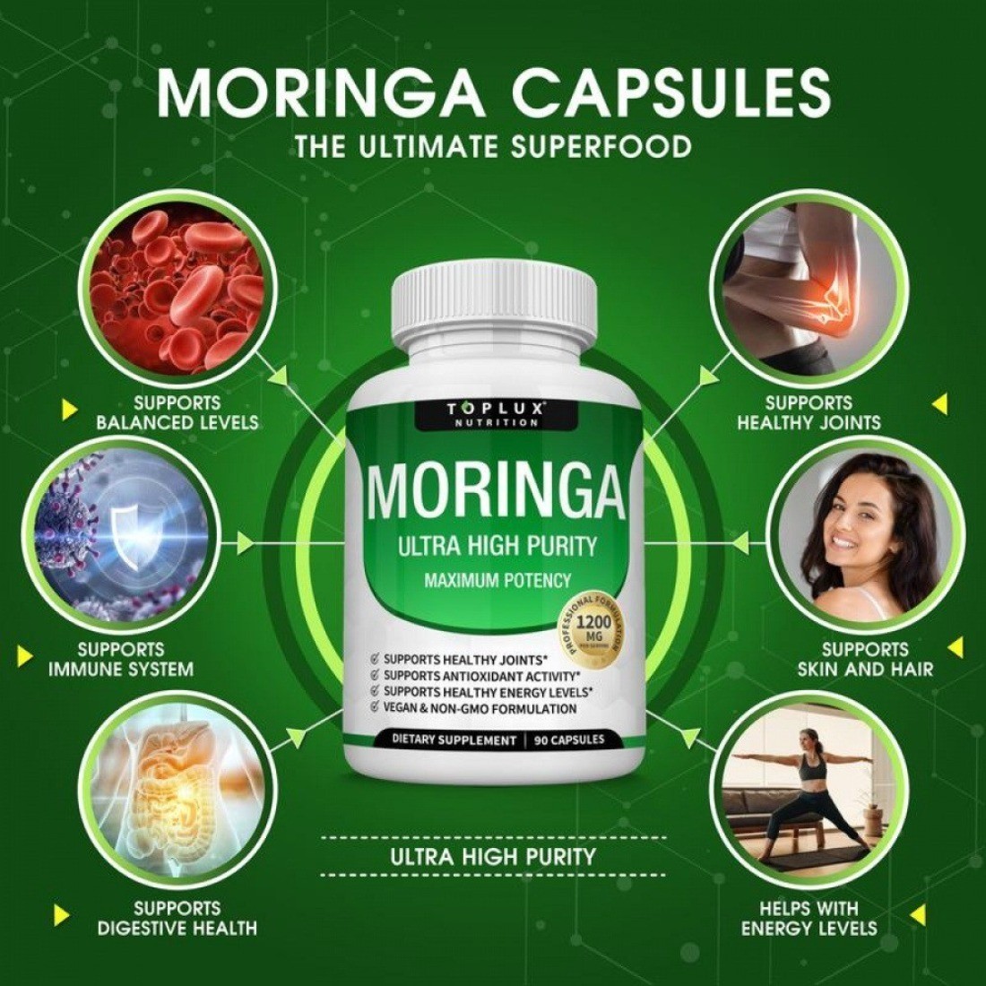 3PCS-TOPLUX Moringa Capsules 1200mg Pure Moringa Powder Immune Gut health 90Caps