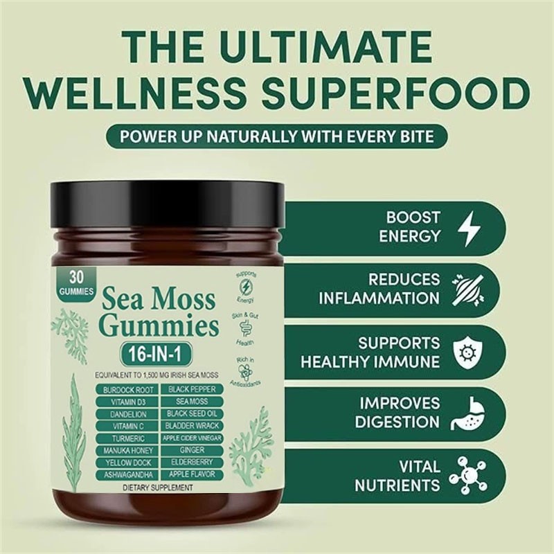 16 in 1 Sea Organic Moss Gummy | Irishmoss Extract 6000Mg | Green Apple Flavor.