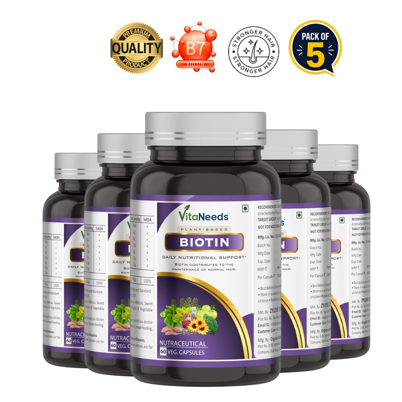 5 Pack VITA.NEEDS Biotin 60 Veg Caps Plant Based