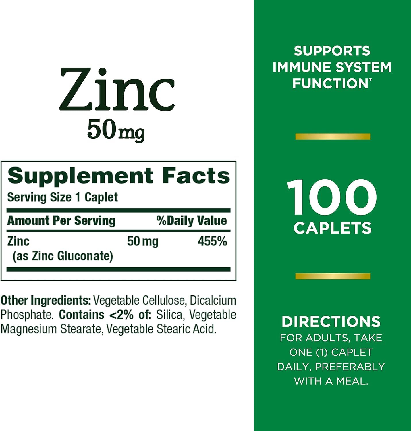 Zinc, Supports Immune System Function, Dietary Supplement, 50 Mg, Caplets, 100 C