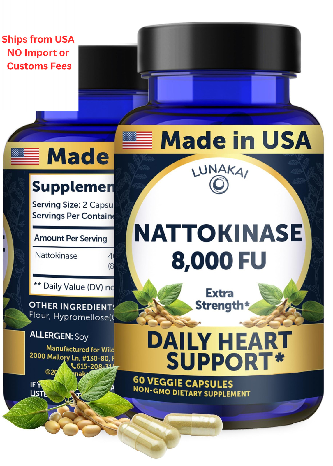 Lunakai USA Made Nattokinase Supplement – 400mg Natto 60 Count (Pack of 1)