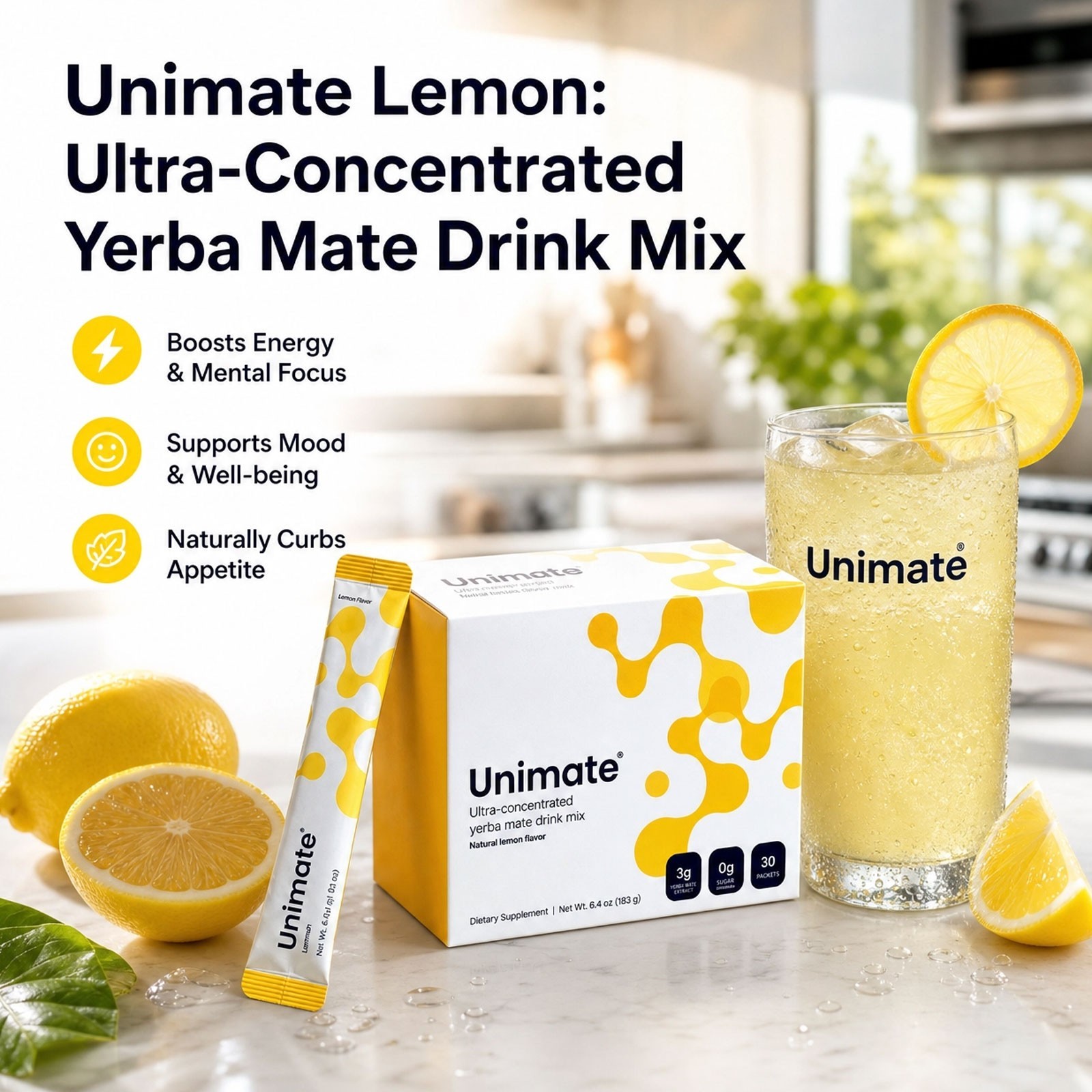 New Unimate Leamon Flavor Supplement-30 Individual Stick Packs- EnergizingQ6