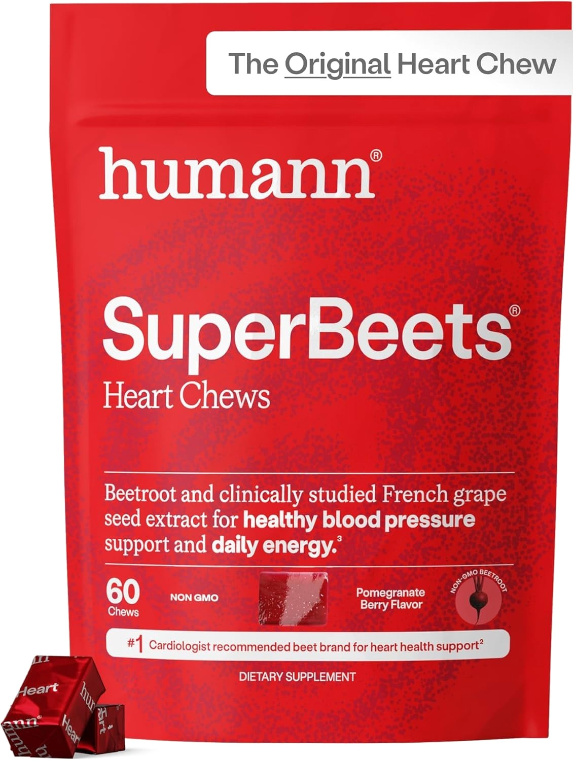 humann SuperBeets Heart Chews 60 Pomegranate Berry w/ Beet Root, Grape Seed