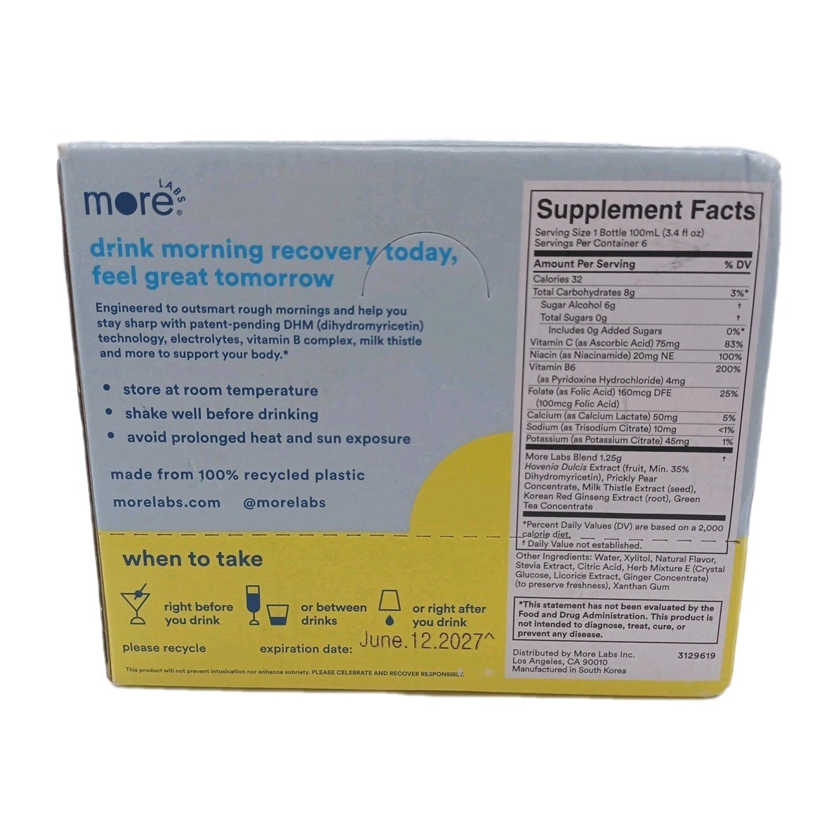 Morning Recovery Hangover Prevention Drink Lemon Flavor 3.4 OZ 6 pack New In Box